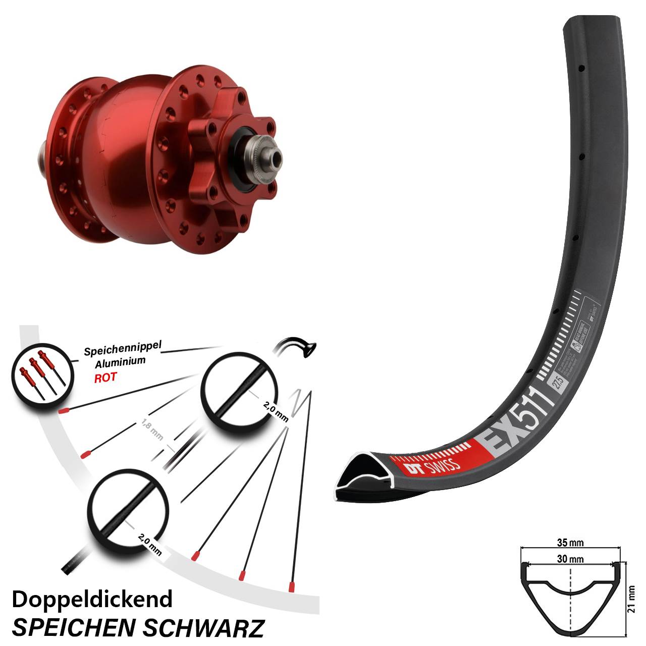 Disc Dynamo-Vorderrad für Schnellspanner 27,5 Zoll DT Swiss EX511 SON 28 rot