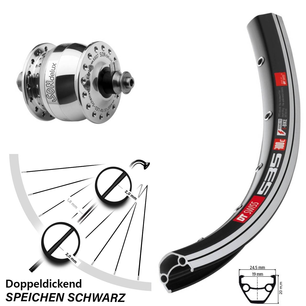 SON delux DT Swiss 535 26 Zoll Laufrad mit Nabendynamo für Schnellspanner