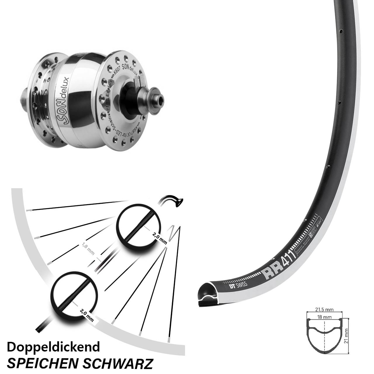 Nabendynamovorderrad für Schnellspanner 28 Zoll DT Swiss RR 411 SONdelux poliert