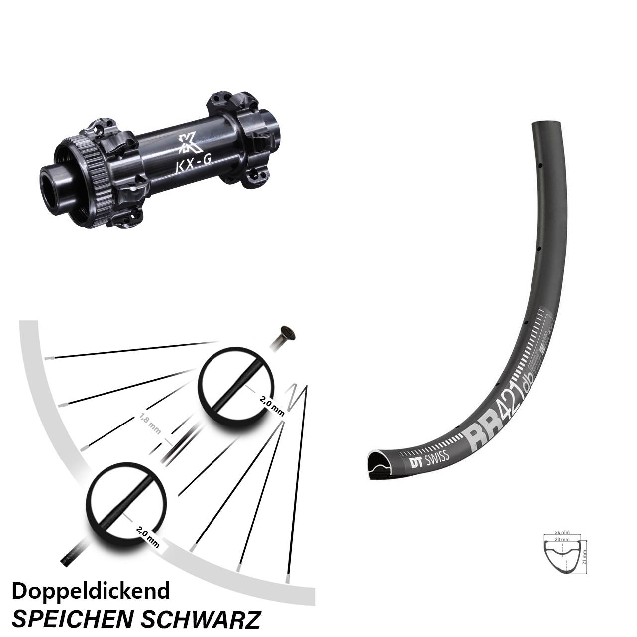 28 Zoll Vorderrad KX-G 12x100 mm Straightpull DT Swiss RR 421 DB Centerlock