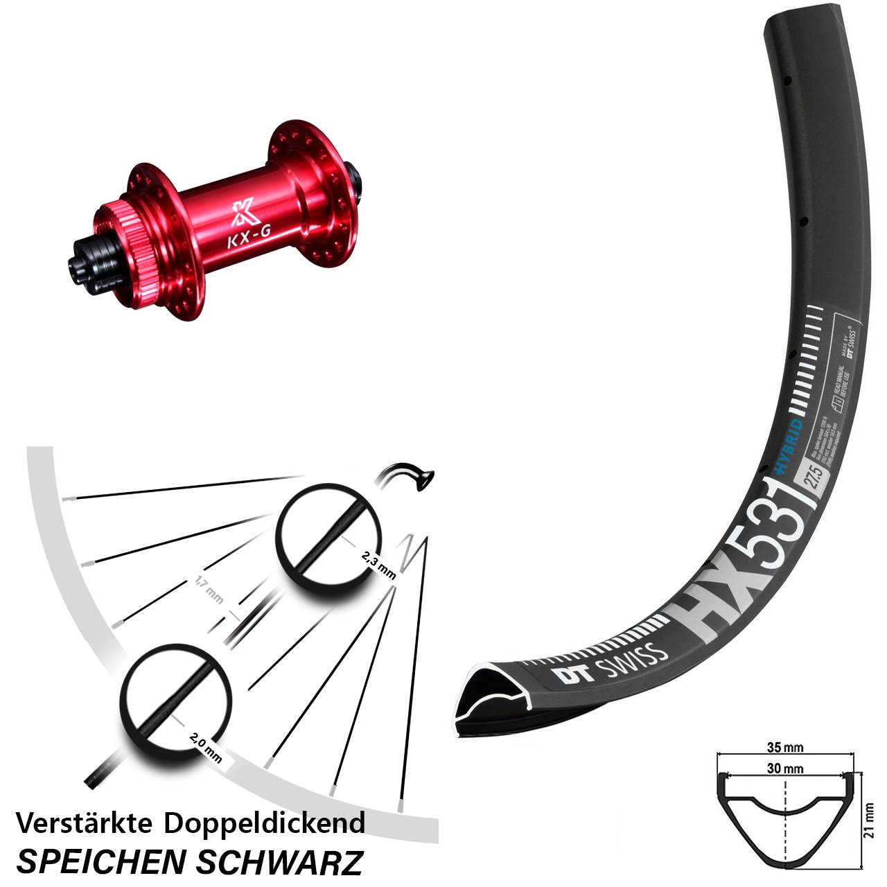 27,5 Zoll DT Swiss HX531 KX-G rot Vorderrad Centerlock für Schnellspanner